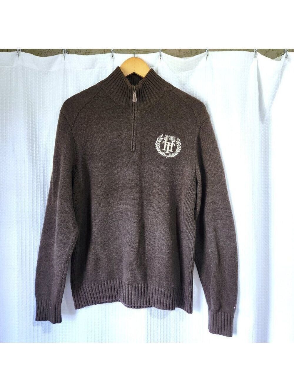 Tommy Hilfiger Sweater Size Medium Knit Brown 1/4 Zip Pullover Patched Elbows